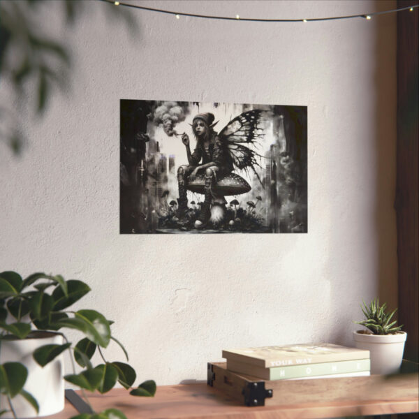 Toadstool Contemplation – Grunge Fairy & Mushroom Art Print on Matte Horizontal Poster