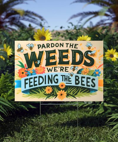 Pardon the Weeds, We’re Feeding the Bees Lawn Sign – Yard Sign with Stake Included